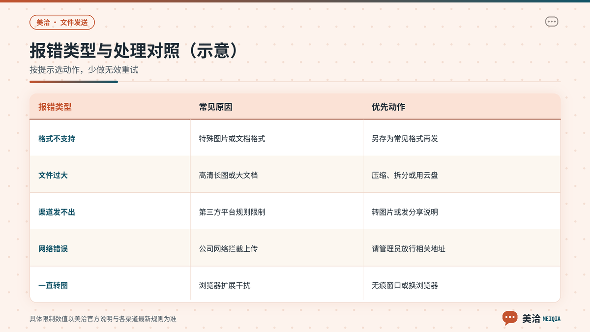 美洽发送失败的报错类型与对应处理方法对照示意