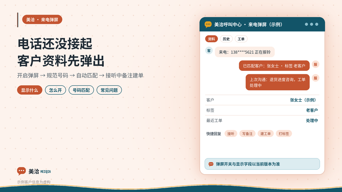 美洽呼叫中心来电时自动弹出客户资料的示意图