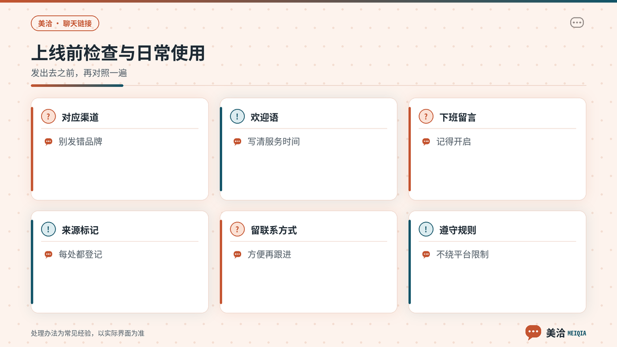美洽聊天链接上线前检查与日常使用要点示意