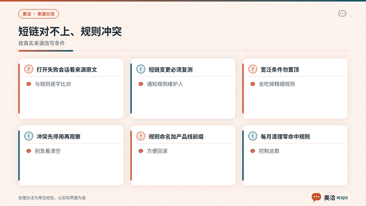 美洽来源分流短链不匹配与规则冲突排查要点